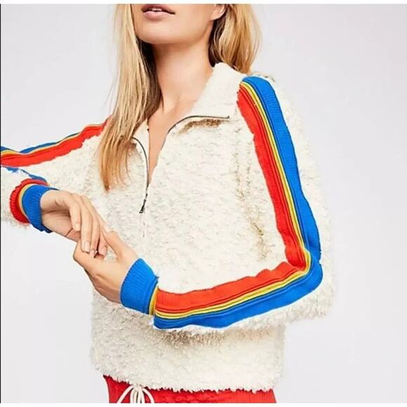 Free People Sweaters - Free People Marshmallow Stripe Sweater S Cream Deep Pile Rainbow Sleeve furry